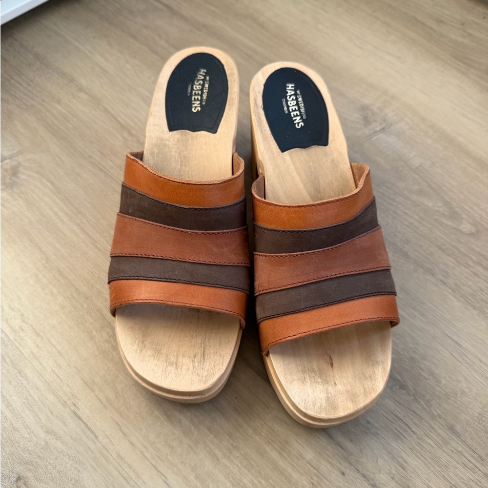 Swedish Hasbeens Brown and Tan Mules